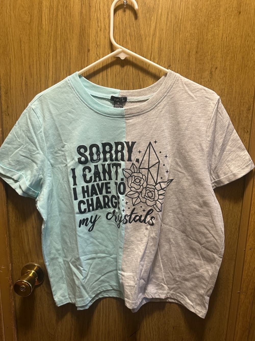 RUE 21 Sorry I Can't I Have to Charge My Crystals Split Tee - Light Blue & White
